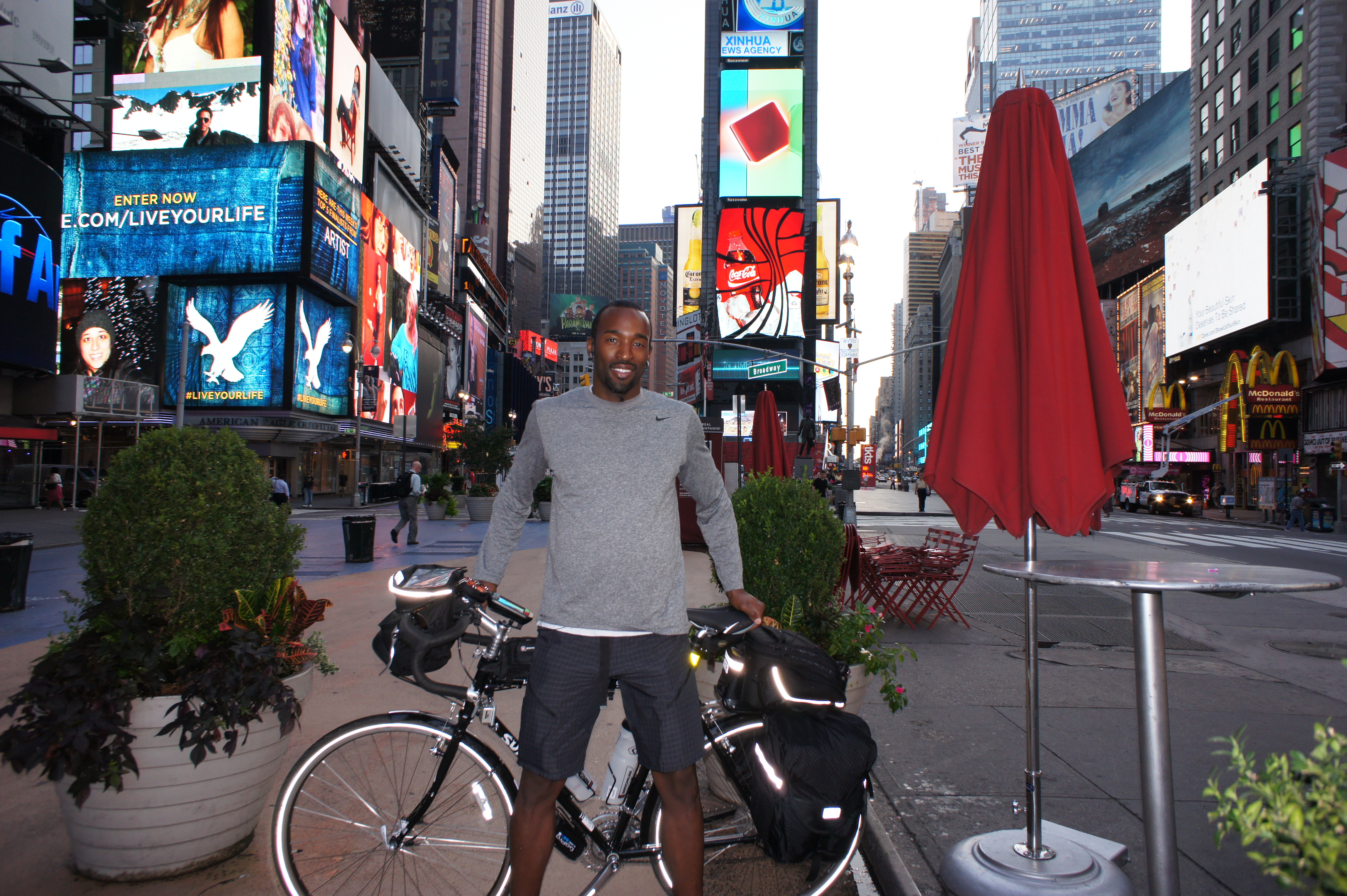 Justin McClelland starting the iHeartCardio ride in Times Square NYC